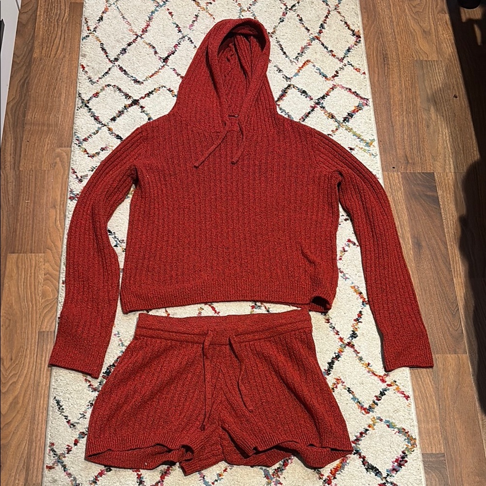 Red Knit Hoodie and Shorts Set